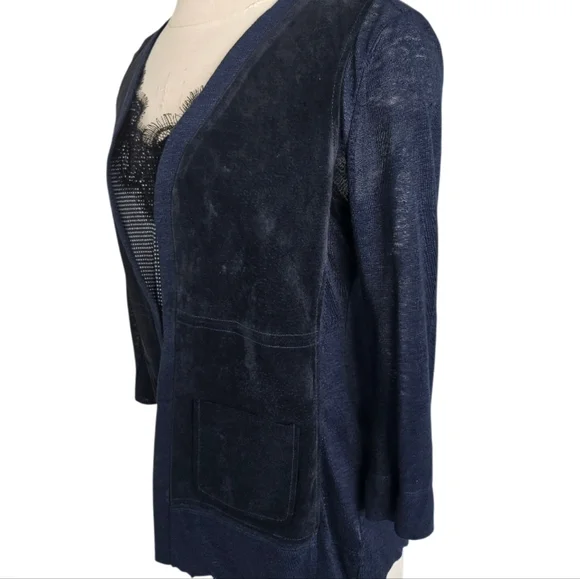 Ecru Deep Blue Linen & Suede Leather  Cardigan - Picture 6 of 11